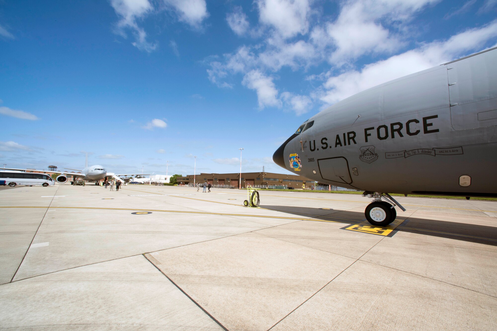 A U.S. Air Force KC-135 Stratotanker and Royal Air Force Voyager stand on the flightline at RAF Mildenhall, England, May 17, 2018. The 100th Air Refueling Wing hosted the 5th annual European Tanker Symposium, where 13 countries came together and trained to establish mixed-flight formation air-refueling standardized procedures. (U.S. Air Force photo by Senior Airman Christine Groening)