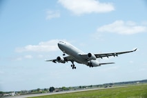 A Royal Air Force Voyager takes off from RAF Mildenhall, May 17, 2018. The aircraft participated in a flight formation for the 5th annual European Tanker Symposium. (U.S. Air Force photo by Senior Airman Christine Groening)