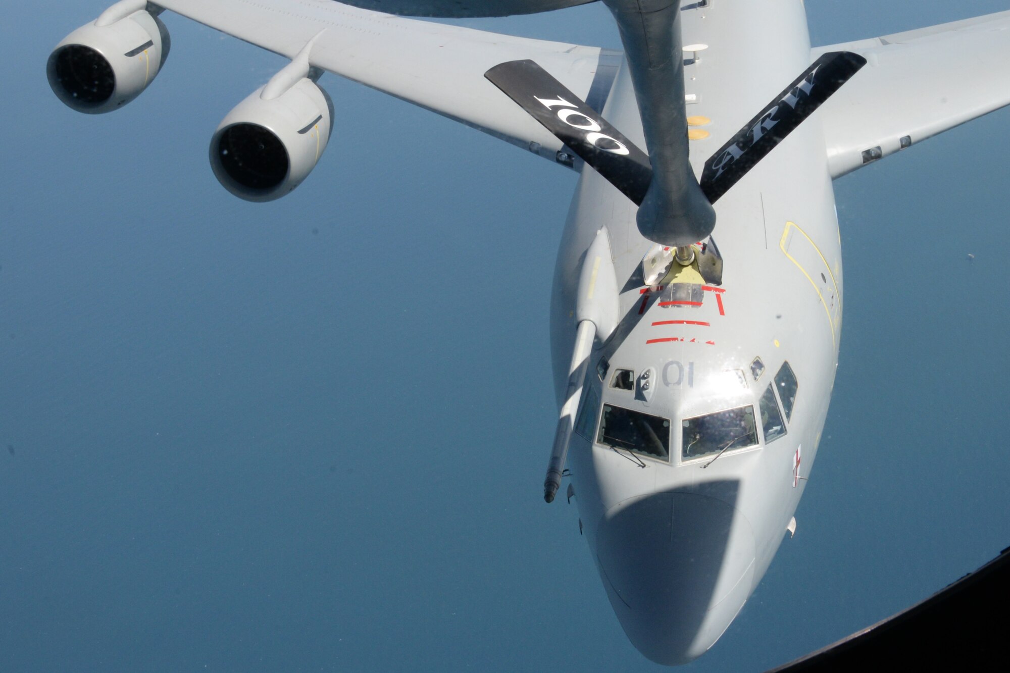 A U.S. Air Force KC-135 Stratotanker refuels a Royal Air Force E-3D over the North Sea May 17, 2018. The KC-135 participated in a training flight over the North Sea as part of the 5th annual European Tanker Symposium. (U.S. Air Force photo by Tech. Sgt. David Dobrydney)