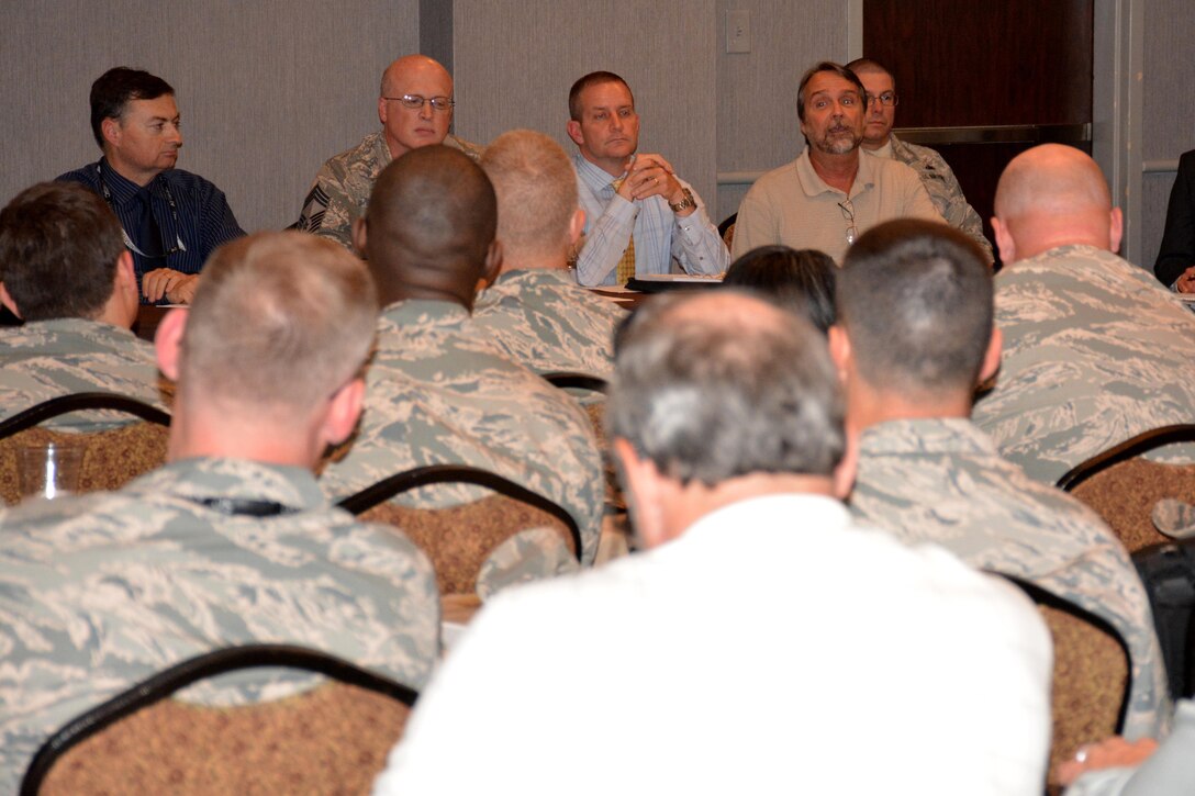 An Air Force Installation and Mission Support Center team leads a discussion about expeditionary support during the AFIMSC Mission Support Leadership Summit May 16 in San Antonio.