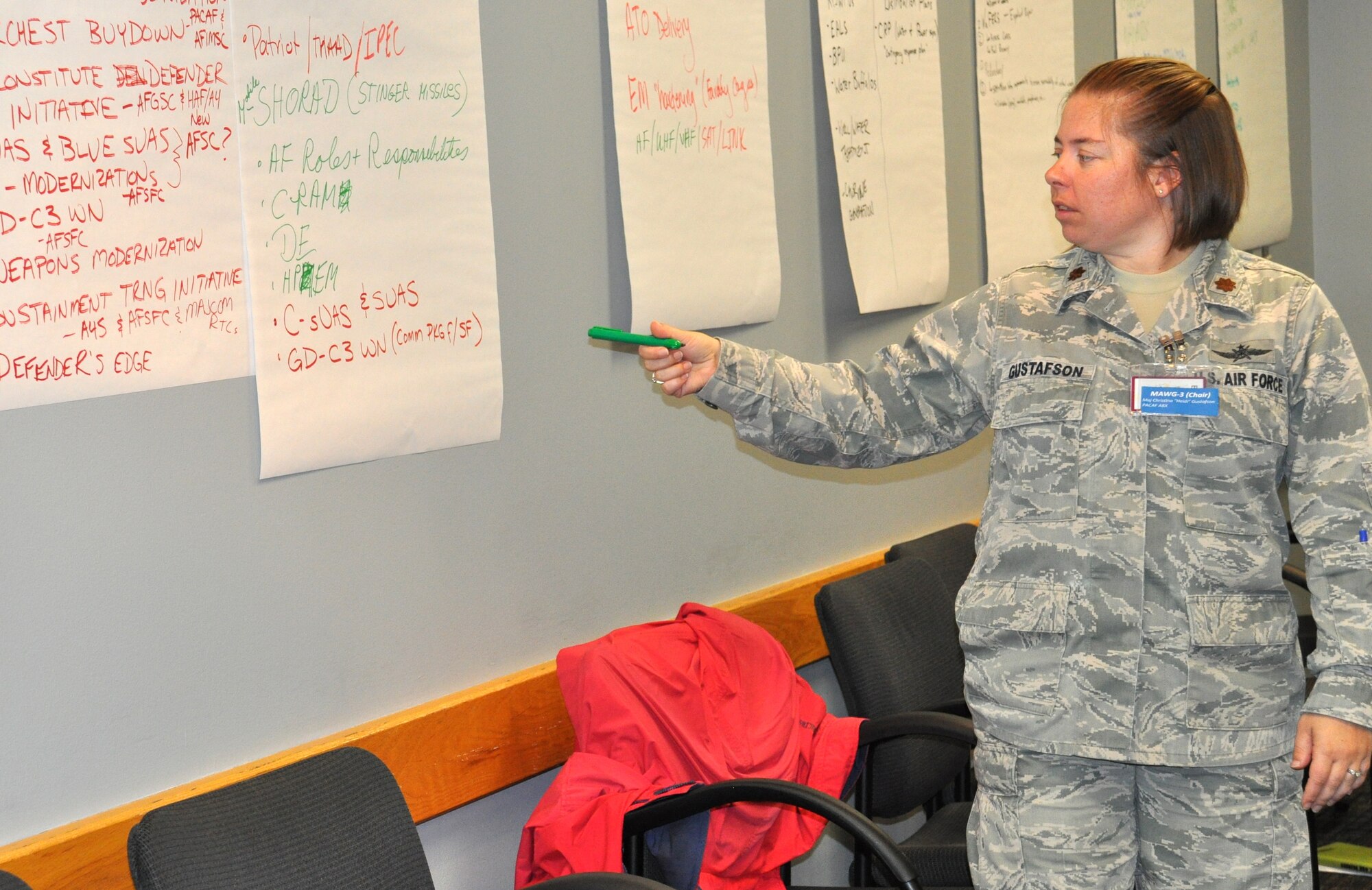 Maj. Heidi Gustafson leads one of four mission area working groups as they discuss a challenge facing today's Air Force agile combat support community March 7, 2018, in San Antonio.  The MAWGs researched challenges, talked through potential solutions and presented out-briefs to about 1,000 senior leaders and members of the installation and mission support community at the conclusion of the 2018 Installation and Mission Support Weapons and Tactics Conference May 16, 2018. The annual event was established in 2017 as a way to apply innovation from across the enterprise to the greatest issues facing the Air Force in the installation and mission support arena. (U.S. Air Force by Debbie Aragon)