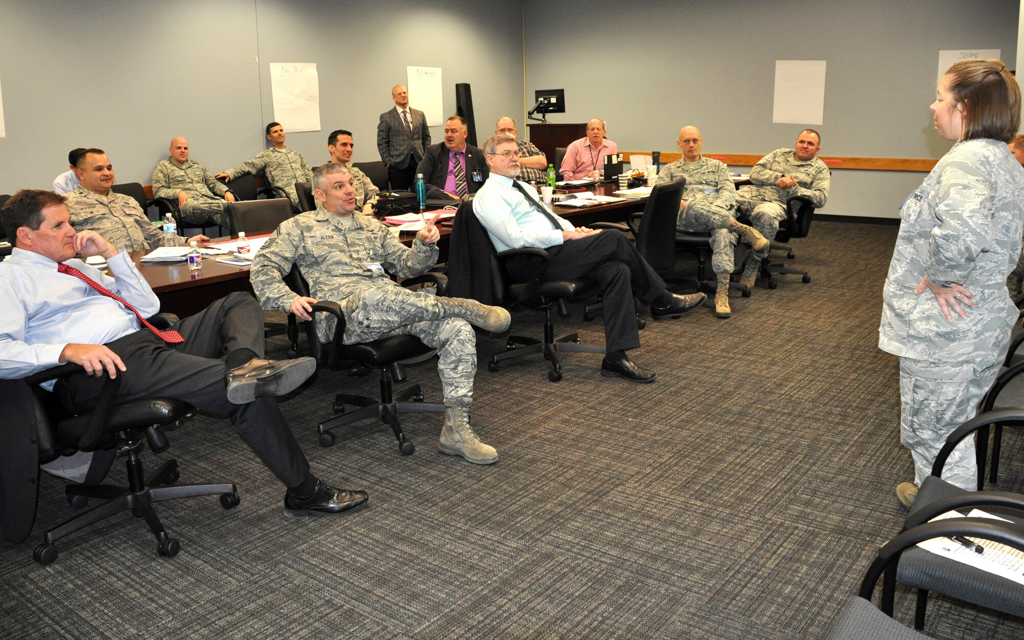 Members of one of four mission area working groups discuss a challenge facing today's Air Force agile combat support community March 7, 2018, in San Antonio.  The MAWG researched the challenge, talked through potential solutions and presented an out-brief to about 1,000 senior leaders and members of the installation and mission support community at the conclusion of the 2018 Installation and Mission Support Weapons and Tactics Conference May 16, 2018. The annual event was established in 2017 as a way to apply innovation from across the enterprise to the greatest issues facing the Air Force in the installation and mission support arena. (U.S. Air Force by Debbie Aragon)