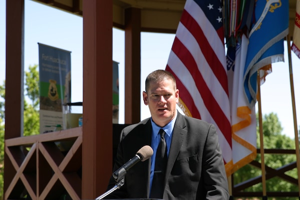 Jack Porter, chief of the Business Operations and Integration Division for the Fort Huachuca Directorate of Public Works, speaks to leaders and community members of Fort Huachuca, Arizona, during a public unveiling of a multimillion-dollar energy-savings infrastructure project awarded through a Huntsville Center Energy Savings Performance Contracting task order award.