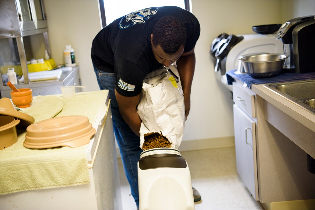 Senior Airman Antoine Carr, future military working dog handler, refills a food container April 26th, 2018 at the kennels on Patrick Air Force Base, Fla. Carr made the point that there is much more to being an MWD handler than flashy patrols – the dogs form bonds with their handlers after all the training, the hard work and the time spent with them each and every day. (U.S. Air Force photo by Airman 1st Class Zoe Thacker)