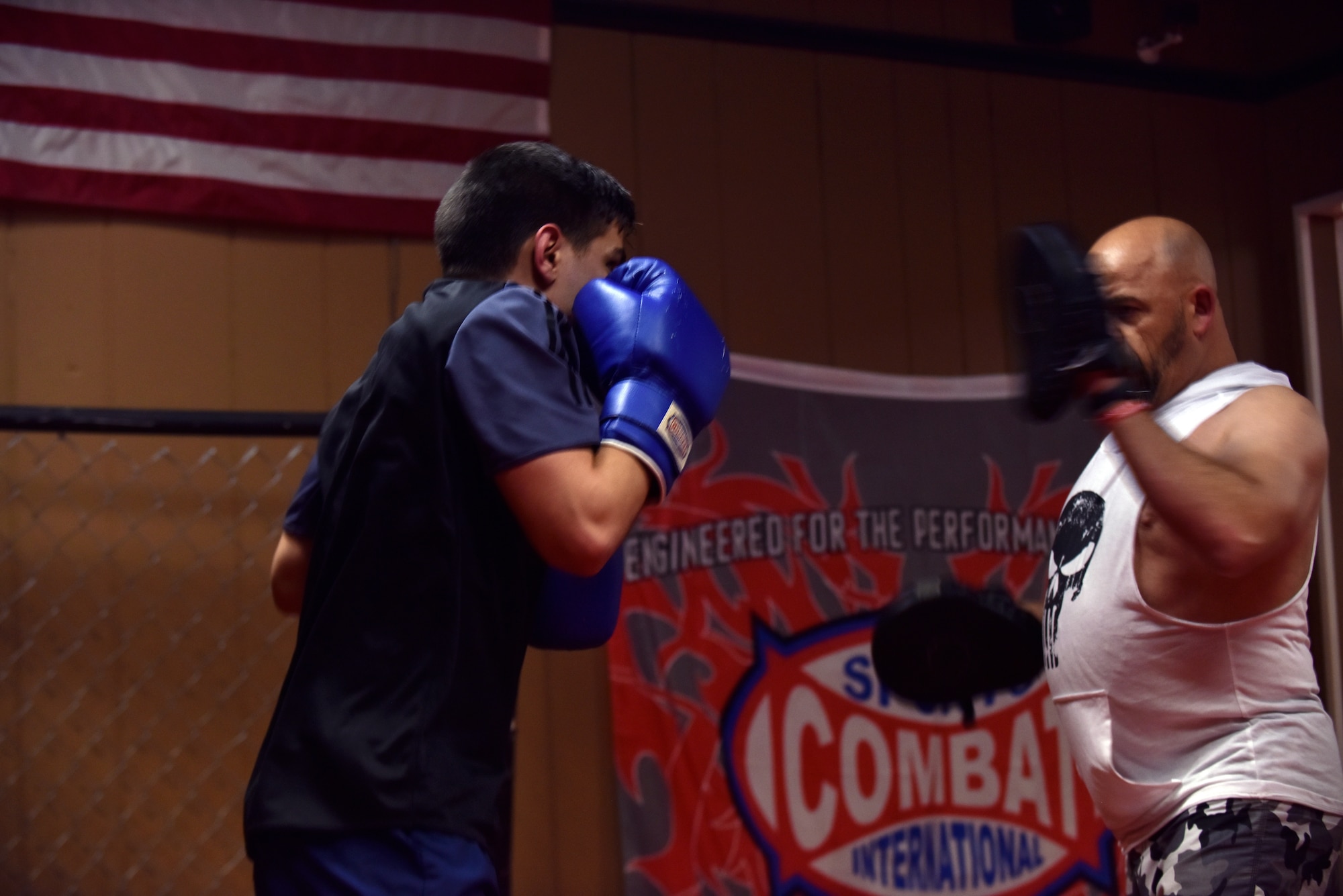 Billy Matheny, the senior combative instructor assigned to the 509th Security Forces Squadrons, spares with Airman 1st Class Richard Elizalde Barrios Apr. 16, 2018 at Warrensburg, Mo.