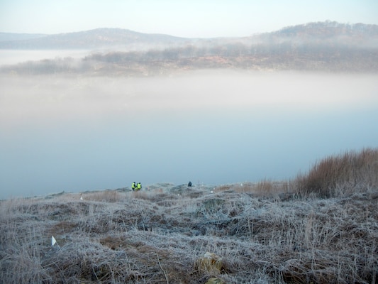 Contractors work along the rugged terrain of Cranberry Mountain near West Point, New York, during the winter as part of an ongoing project to emplace heavy targets on the post’s indirect-fire range.