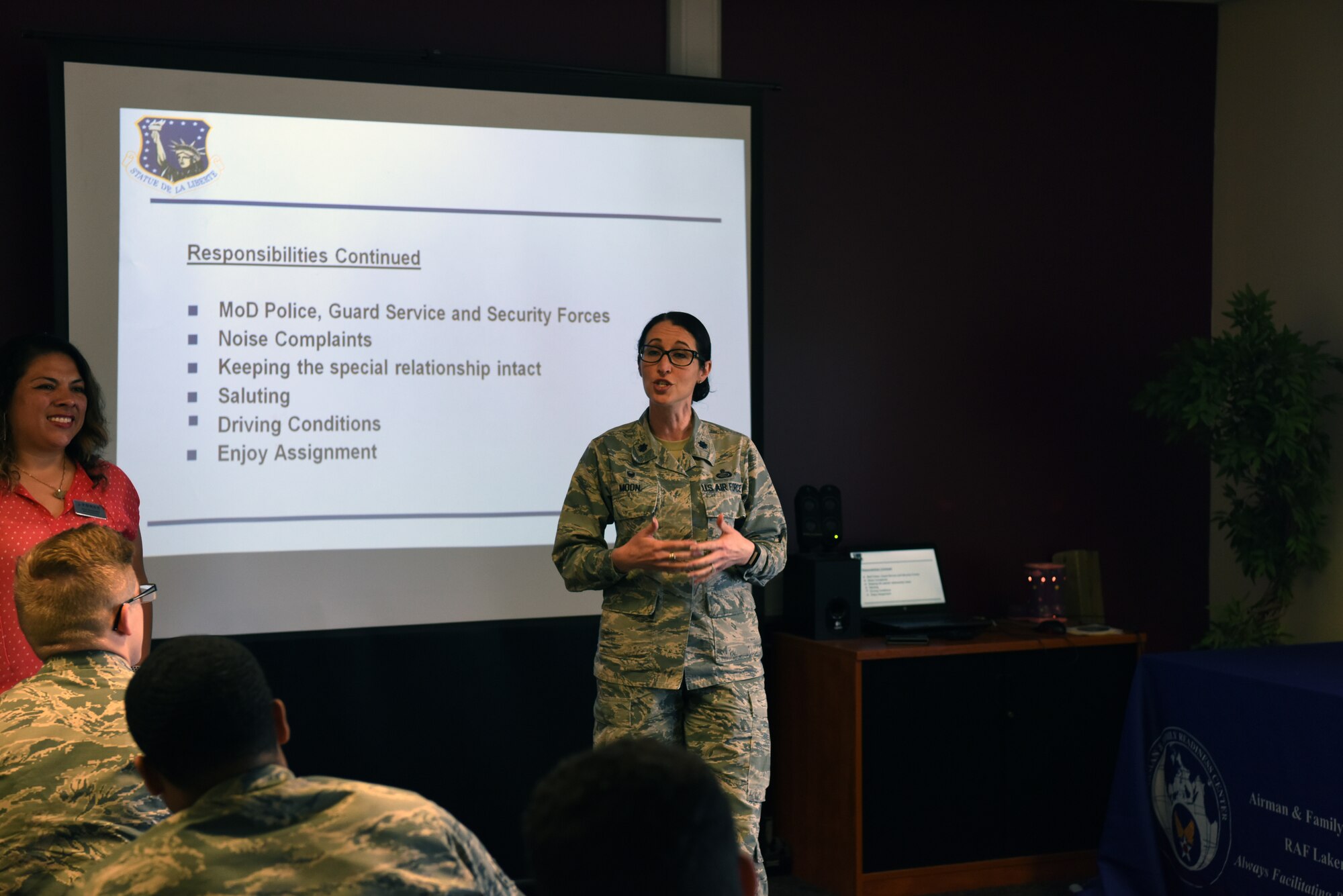 Lt. Col. Kelli R. Moon, commander of the 48th Force Support Squadron, speaks to newly arrived Airmen at the Airman & Family Readiness Center as part of the 48th Force Support Squadron's "You Got Served" events at Royal Air Force Lakenheath, England, May 8, 2018.During the event Lt. Col. Moon and civilians at the 48th Force Support Squadron Marketing section selected two Airmen to recieve a $10 gift card each. (U.S. Air Force Photo/ Airman 1st Class John A. Crawford)