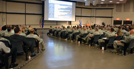 Capt. Brendan Dorsey-Spitz, one of four mission area working group chairmen, talks about his group’s approach to installation investment to an audience of about 1,000 senior Air Force leaders and members of the installation and mission support community. The briefing May 16 signaled the conclusion of the 2018 Installation and Mission Support Weapons and Tactics Conference in San Antonio May 6-16.