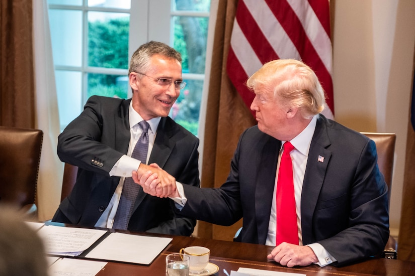 President Donald J. Trump and NATO Secretary General Jens Stoltenberg discuss alliance issues at the White House.