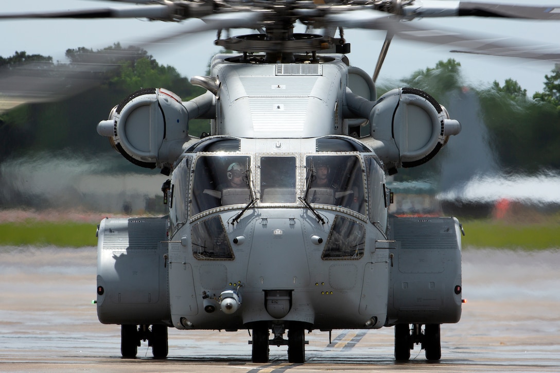 The first CH-53K King Stallion taxis across the flight line at Marine Corps Air Station New River, North Carolina May 16, 2018.