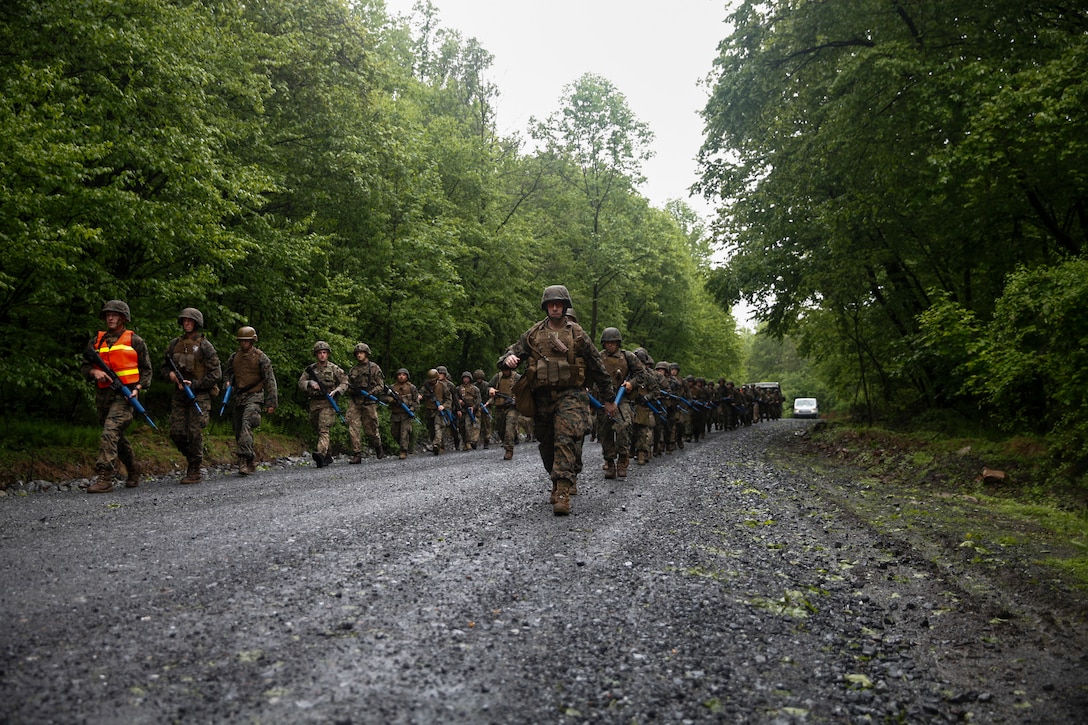 U.S. Marines with 6th Engineer Support Battalion, 4th Marine Logistics Group, and British commando’s with 131 Commando Squadron Royal Engineers, British Army, participate in a five mile hike with a full gear load during exercise Red Dagger at Fort Indiantown Gap, Pa., May 17, 2018.