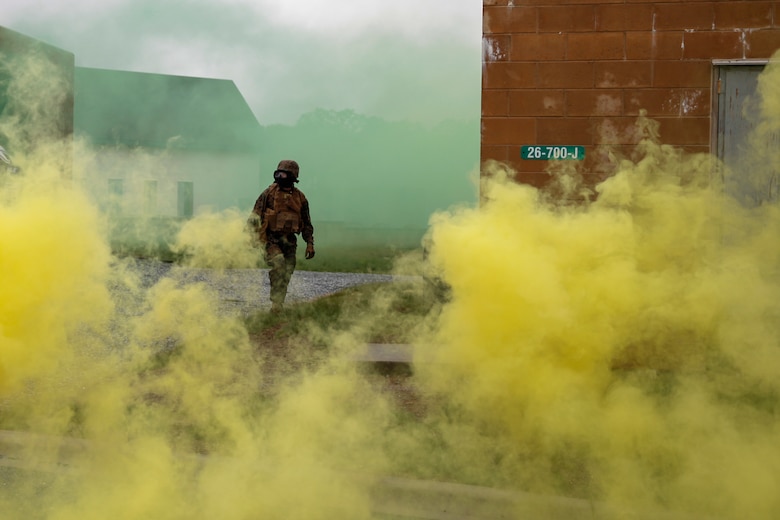 U.S. Marine Maj. Timothy B. McGovney, exercise officer in charge with Bridge Company A, 6th Engineer Support Battalion, 4th Marine Logistics Group, walks through the simulated live scenario that the Marines with 6th ESB, 4th MLG and British commando’s with 131 Commando Squadron Royal Engineers, British Army, are conducting at the military operations on urbanized terrain, or MOUT structure, during exercise Red Dagger at Fort Indiantown Gap, Pa., May 17, 2018.