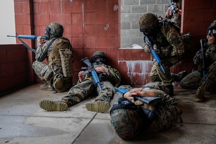 U.S. Marines with 6th Engineer Support Battalion, 4th Marine Logistics Group, and British commando’s with 131 Commando Squadron Royal Engineers, British Army, simulate a live scenario at the military operations on urbanized terrain, or MOUT structure, during exercise Red Dagger at Fort Indiantown Gap, Pa., May 17, 2018.