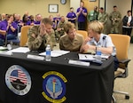 (From left) The local senior leadership panel of Army Lt. Gen. Jeffrey S. Buchanan, U.S. Army North commanding general and Senior Army Commander of Joint Base San Antonio-Fort Sam Houston and JBSA-Camp Bullis; Navy Rear Adm. Rebecca McCormick-Boyle, commander, Navy Medicine Education and Training Command; and Air Force Brig. Gen. Heather L. Pringle, commander, 502nd Air Base Wing and Joint Base San Antonio, discuss the issues presented amongst each other Nov. 3, 2016.