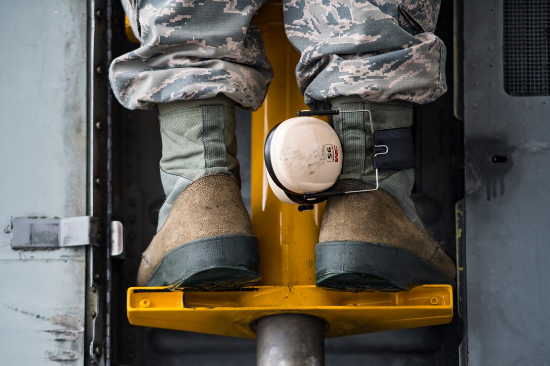 Airman 1st Class Jacob Curry, 23d Aircraft Maintenance Squadron crew chief, stands on a ladder attached to an A-10C Thunderbolt II prior to launching the aircraft, May 17, 2018, at Moody Air Force Base, Ga. Airmen conduct routine training missions in the airspace surrounding Moody to remain current on their tactics and procedures. While helping pilots remain proficient, training also gives crew chiefs and maintainers the opportunity to remain proficient at launching and maintaining the aircraft. (U.S. Air Force photo by Senior Airman Janiqua P. Robinson)
