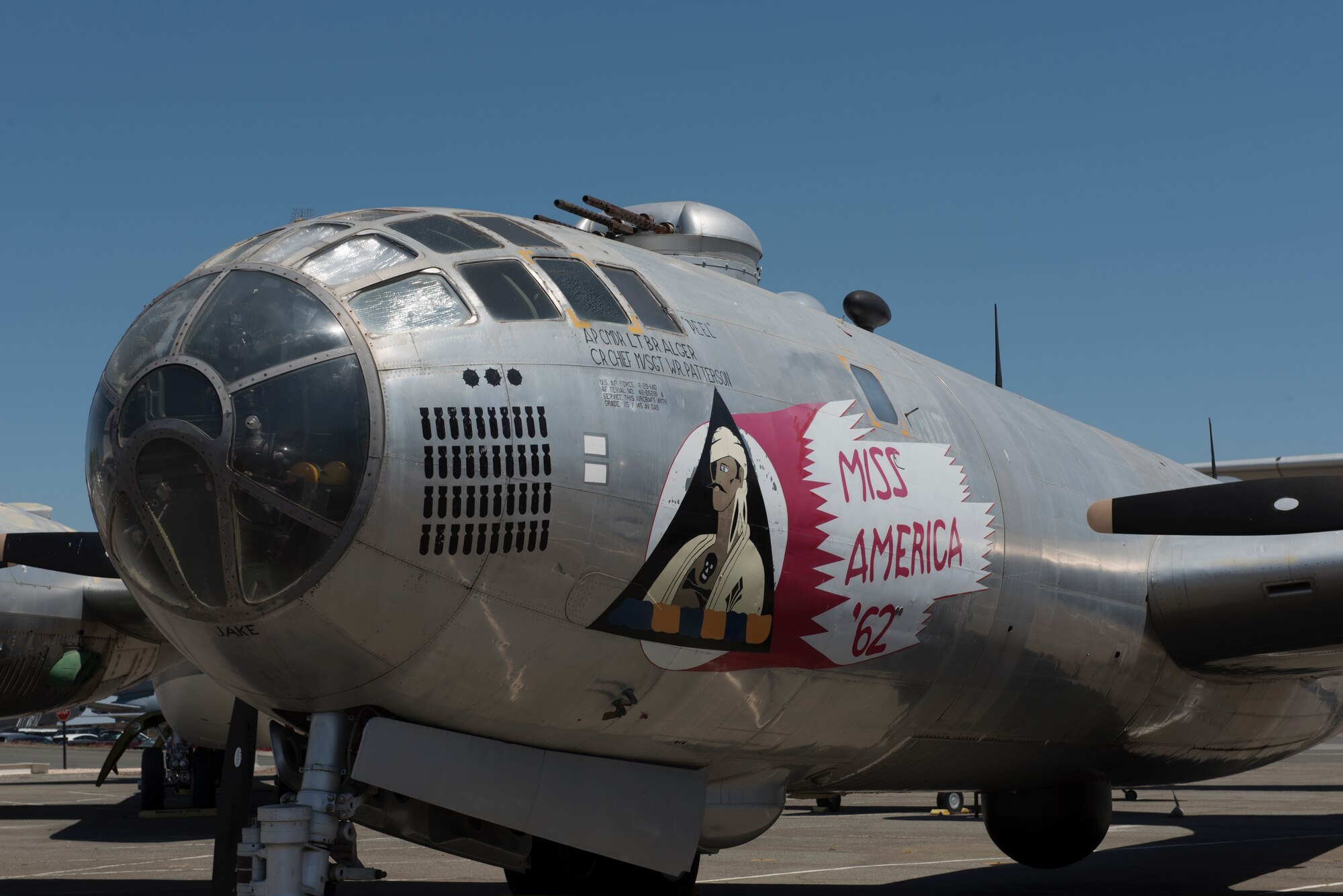 A B-29 Superfortress awaits visitors outside the Heritage Center at Travis Air Force Base, Calif., May 17, 2018. The aircraft, which was affixed with 12 .50 caliber machine guns, could carry 20,000 pounds of bombs. It flew with the 301st Bomb Group of Strategic Air Command and was assigned to Travis from 1943 – 1945. The base is celebrating its 75th anniversary all year and people can learn about much of the base’s history by visiting the Heritage Center. (U.S. Air Force photo by Tech. Sgt. James Hodgman)