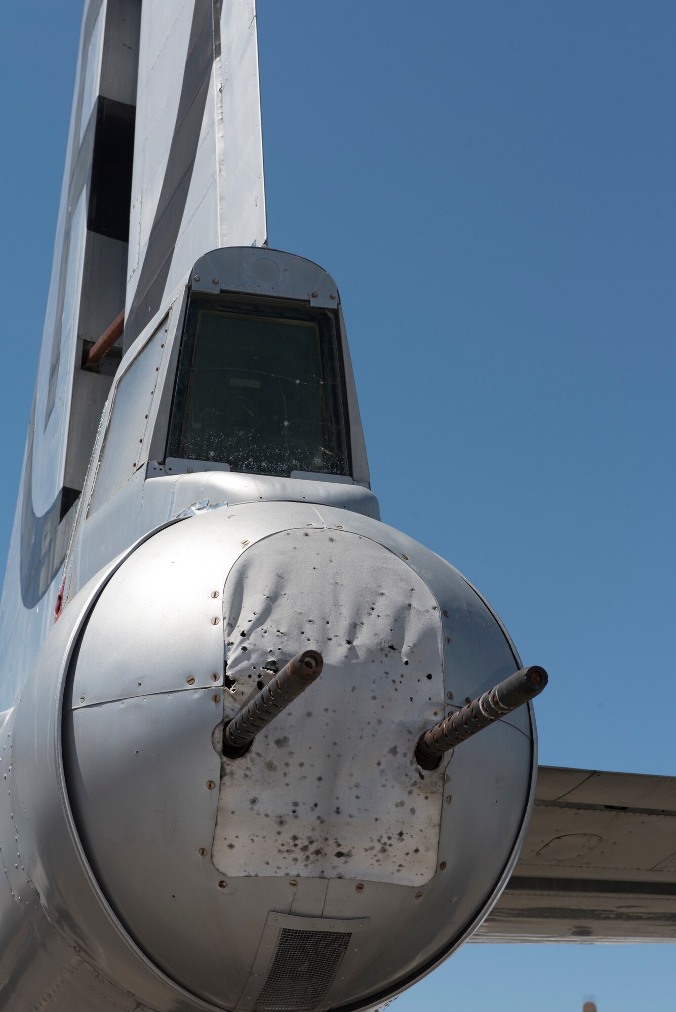 The B-29 Superfortress tail gunner seat awaits visitors outside the Heritage Center at Travis Air Force Base, Calif., May 17, 2018. The aircraft, which was affixed with 12 .50 caliber machine guns, could carry 20,000 pounds of bombs. It flew with the 301st Bomb Group of Strategic Air Command and was assigned to Travis from 1943 – 1945. The base is celebrating its 75th anniversary all year and people can learn about much of the base’s history by visiting the Heritage Center. (U.S. Air Force photo by Tech. Sgt. James Hodgman)