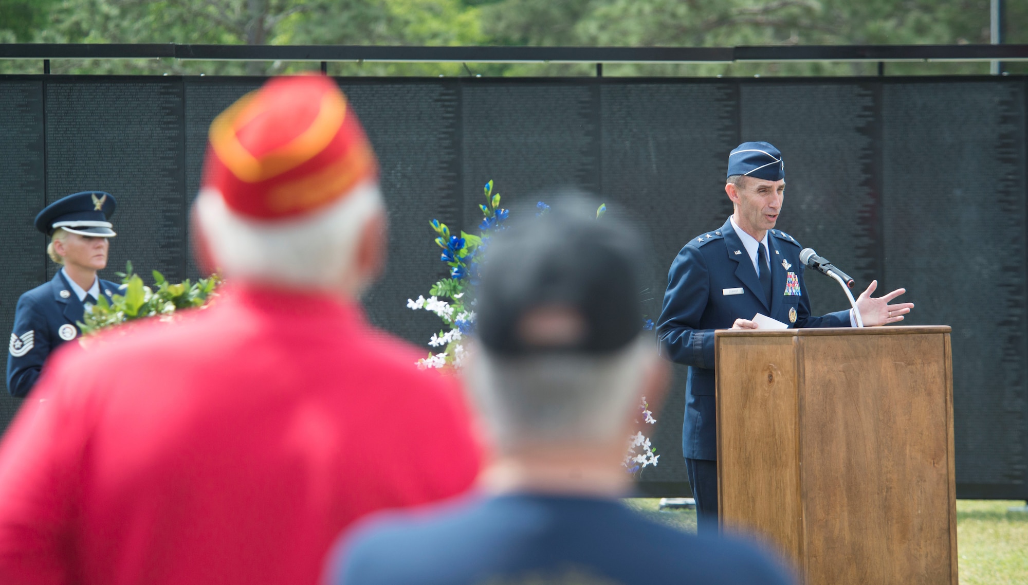 U.S. Air Force Maj. Gen. Scott Zobrist, 9th Air Force commander, speaks to an audience of Vietnam veterans, their family members and friends at The Wall That Heals in Camden, S.C., May 5, 2018.