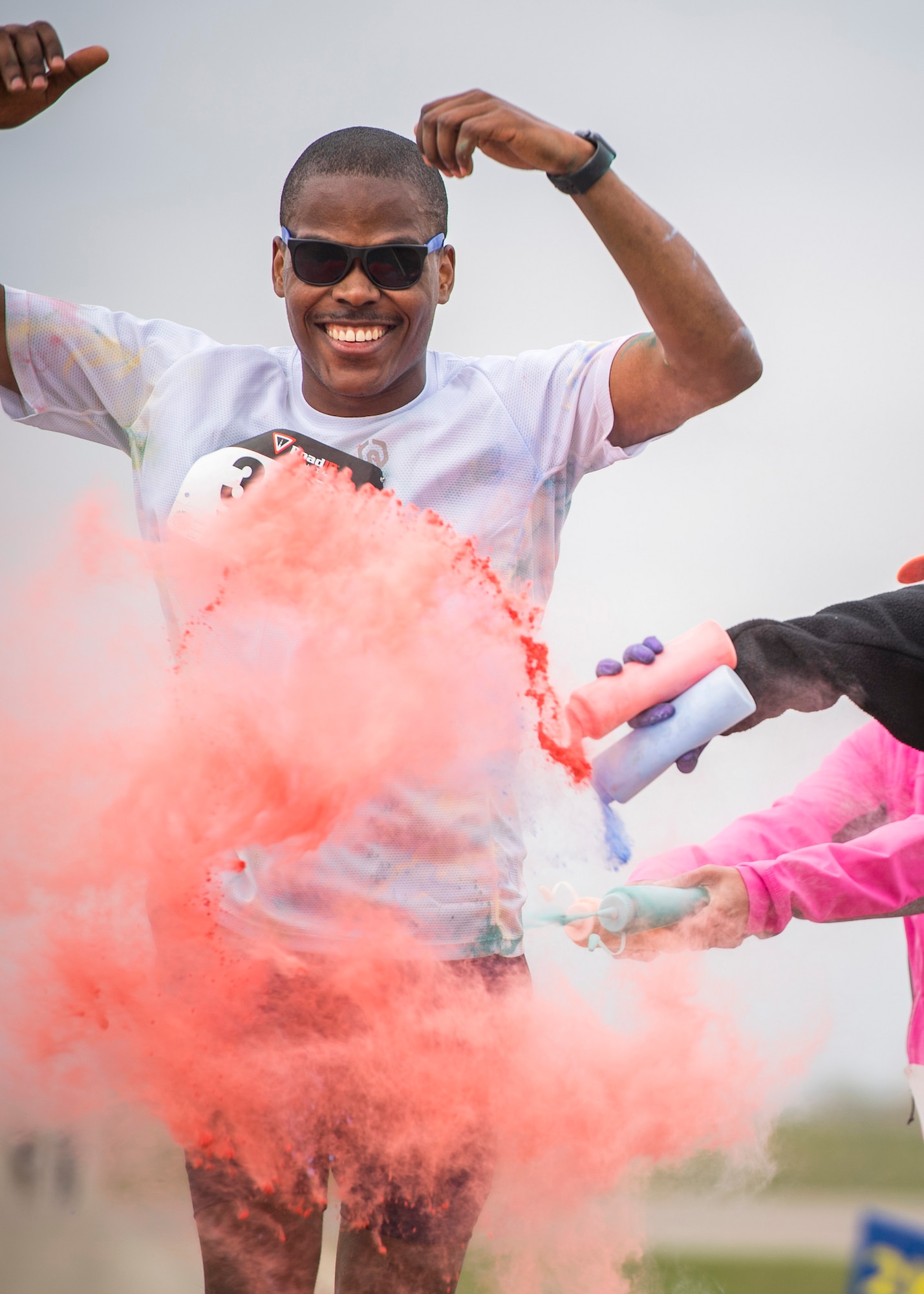 Team Minot families participated in a color run at Minot Air Force Base, N.D., May 17, 2018.  The 5th Medical Group’s Health and Wellness Center teamed up with the base’s master resiliency trainer to host the resiliency-themed event.  More than 100 individuals ran the course that consisted of six color stations spanning the two, five and 10 km routes. (U.S. Air Force photo by Senior Airman J.T. Armstrong)