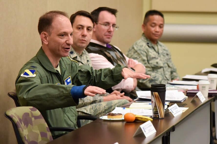 Air Force District of Washington Vice Commander Col. Kevin Eastland shares leadership insight with 16 of the Air Force's emerging leaders and their spouses during the 2018 AFDW Squadron Commanders Course at the Gen. Jacob E. Smart Conference Center here May14.