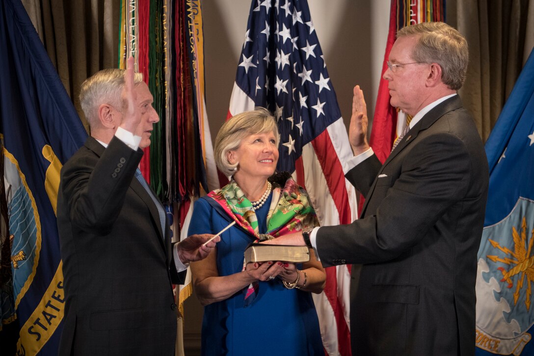 Defense Secretary James N. Mattis swore in John H. Gibson II as chief management officer for the Defense Department at the Pentagon.