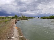 May 17, 2018 -- High-flow conditions in the Snake River are eroding a segment of the Heise-Roberts Levee System, about 3.7 miles downstream from the U.S. Route 20 bridge. Immediate emergency repairs are necessary to prevent further erosion which poses a threat to the structural integrity of the levee and about 65 homes located within the leveed area. The U.S. Army Corps of Engineers awarded a contract May 18, 2018, to conduct temporary emergency levee repairs. The contractor’s crews and equipment are in the process of mobilizing to the site to begin work. Hydraulic and civil engineers from the U.S. Army Corps of Engineers' Walla Walla District deployed to Jefferson County on May 16, 2018, to provide emergency-management assistance to Jefferson County, Idaho, and help stabilize the levee. Photo by Kevan Schneidmiller, USACE hydraulic engineer.
