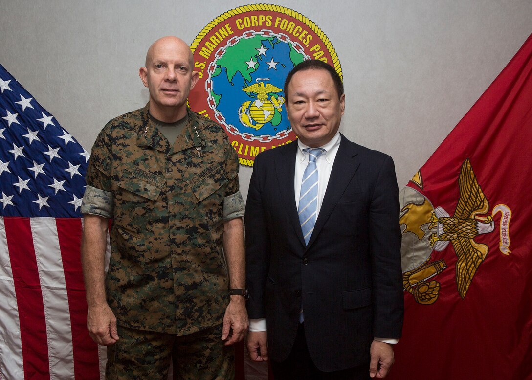 Counsilor Yamada Hiroshi, Japan Diet Upper House Member, discusses key civil-military affairs concerning U.S. Marine Corps equities in Japan and the Indo-Pacific region during a meeting with U.S. Marine Corps Lt. Gen. David H. Berger at Camp H. M. Smith, Hawaii, April 30, 2018. (U.S. Marine Corps photo by Cpl. Makenzie Fallon)