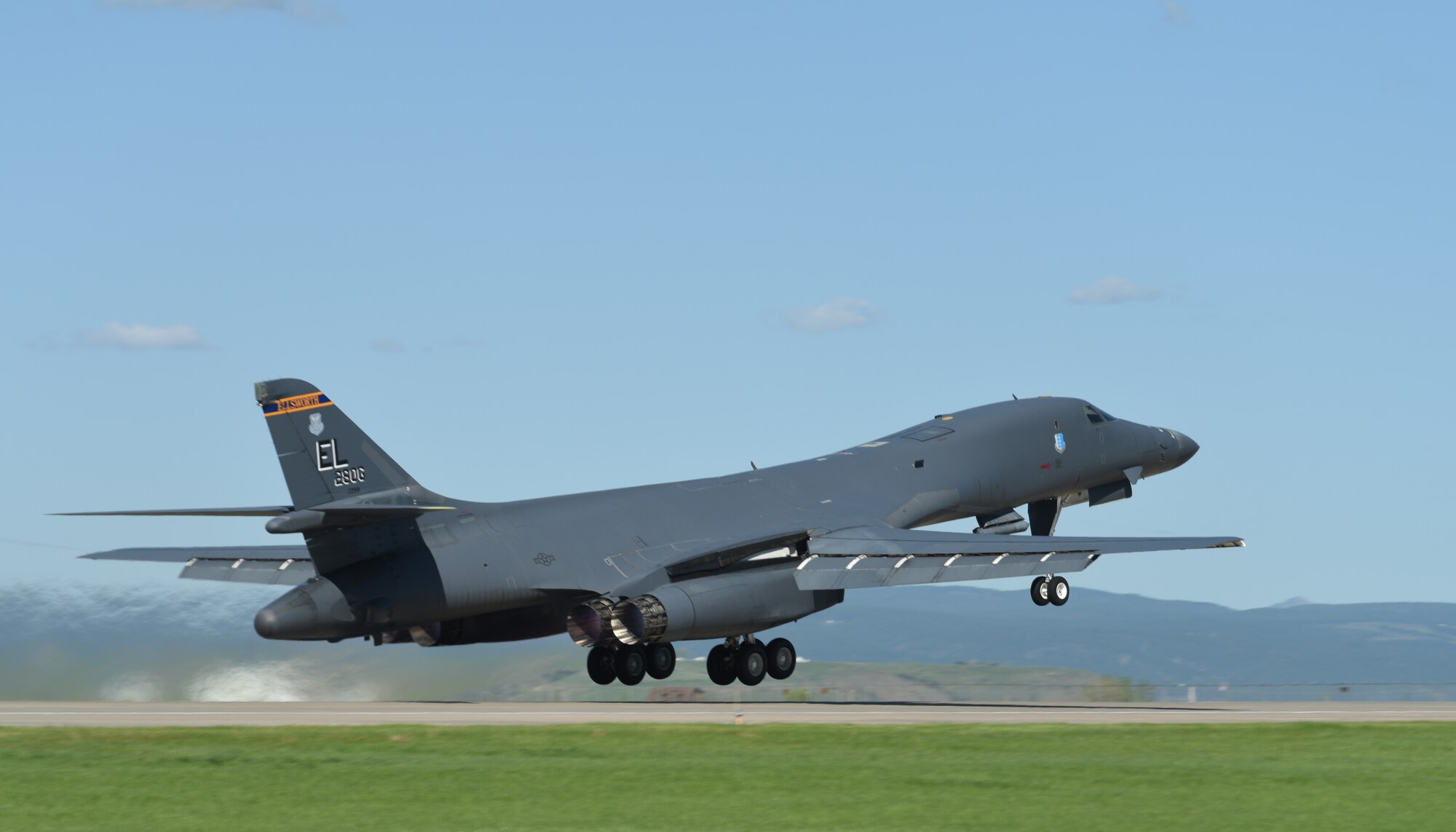 A B-1 bomber takes off to participate in Combat Raider 18-2 at Ellsworth Air Force Base, S.D., May 14, 2018. Combat Raider is a joint exercise that involves multiple airframes from different bases to prepare Airmen and the Air Force for potential future conflicts. (U.S. Air Force photo by Airman 1st Class Thomas Karol)