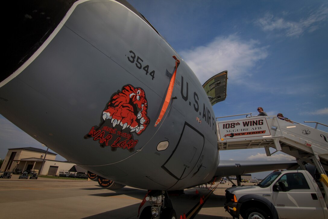 A New Jersey Air National Guard KC-135R Stratotanker static display aircraft from the 108th Wing sits on the flightline during the 2018 Power in the Pines Open House and Air Show at Joint Base McGuire-Dix-Lakehurst, N.J., May 4, 2018. (U.S. Air National Guard photo by Master Sgt. Matt Hecht)