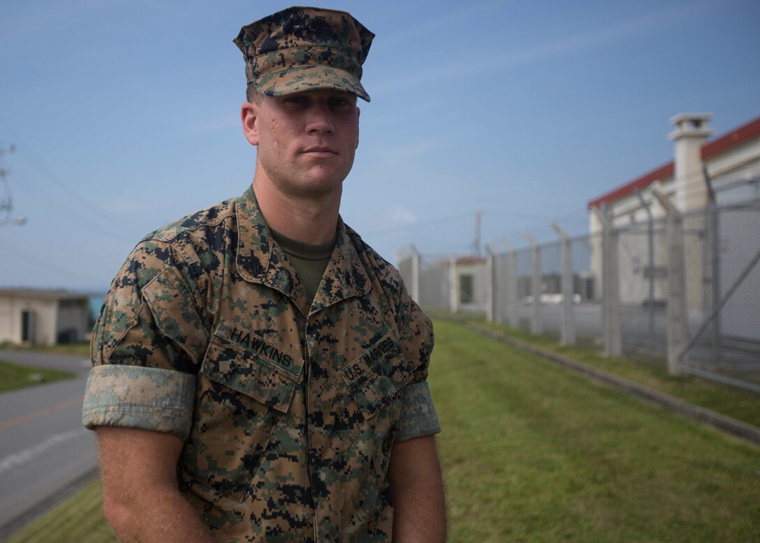 Sgt. Brent Hawkins, the recipient of the Sapper Squad Leader Award, poses for a photo May 18, 2018 on Camp Schwab, Okinawa, Japan. Hawkins recently won the outstanding squad leader award while participating in the 3rd annual Marine Corps Combat Engineer Sapper Challenge. Hawkins, a native of Decatur, Illinois, is a squad leader with Combat Engineer Company, Combat Assault Battalion, 3rd Marine Division. (U.S. Marine Corps photo by Lance Cpl. Cameron Parks)
