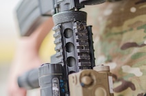 Filled equipment pouches hang off Senior Airman Gary-Alan Cropley-Tucker, 380th Security Forces, Al Dhafra Base, United Arab Emirates, May 17, 2018. The equipment is part of a security forces Airmen’s “kit” consisting of their body armor and other tools of the peace officers trade. (U.S. Air National Guard photo by Staff Sgt. Ross Alexander Whitley)