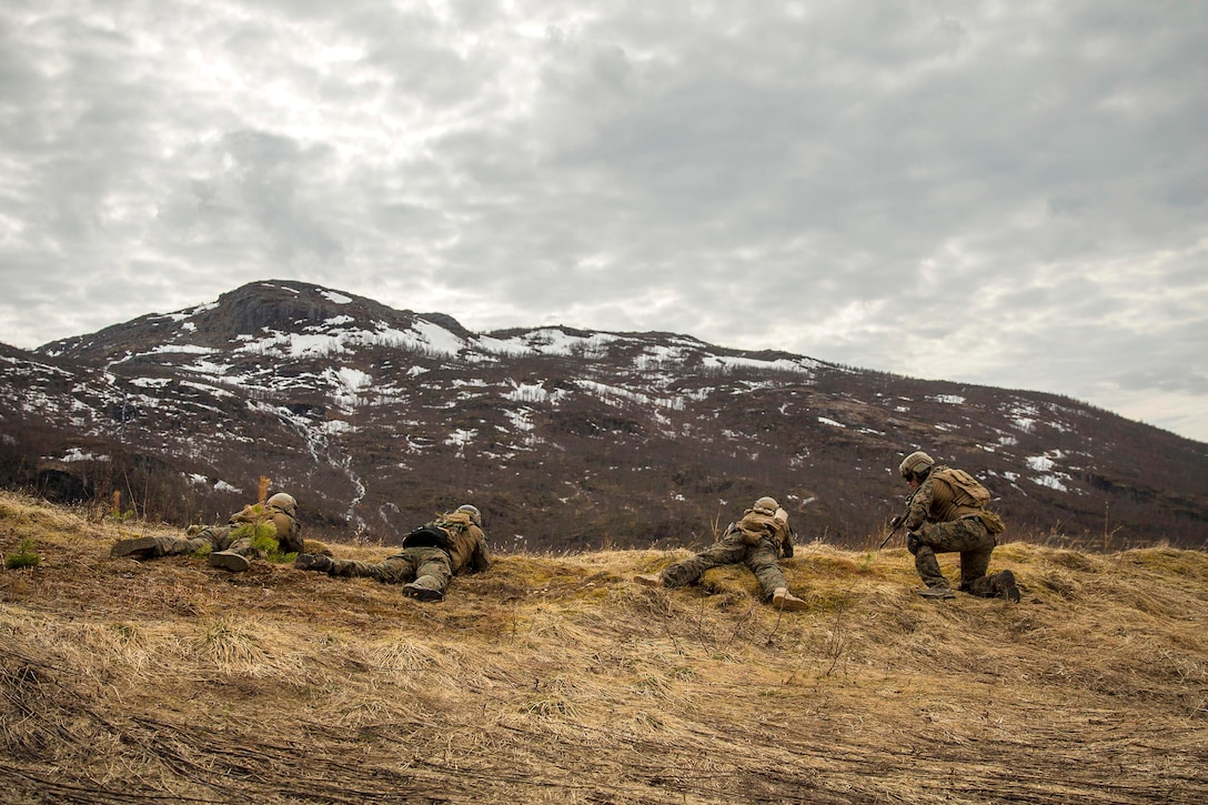 Marines fire from the crest of a hill while conducting a live-fire range.