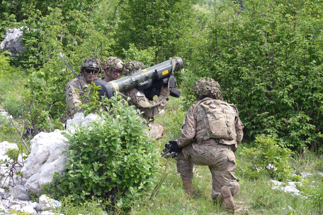 Soldiers prepare to fire a Javelin anti-tank missile.