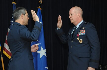 Lt. Gen. Kenneth Wilsbach, commander of Alaskan North American Aerospace Defense Command Region, Alaskan Command, U.S. Northern Command, and Eleventh Air Force, promotes Col. Joel Carey to the rank of brigadier general, May 18, 2018, Joint Base San Antonio-Randolph, Texas.  The 12FTW is responsible for four single-source aviation pipelines – Pilot Instructor Training, Combat Systems Officer Training, Remotely Piloted Aircraft Pilot Indoctrination, and Basic Sensor Operator Qualification. (U.S. Air Force by Joel Martinez)