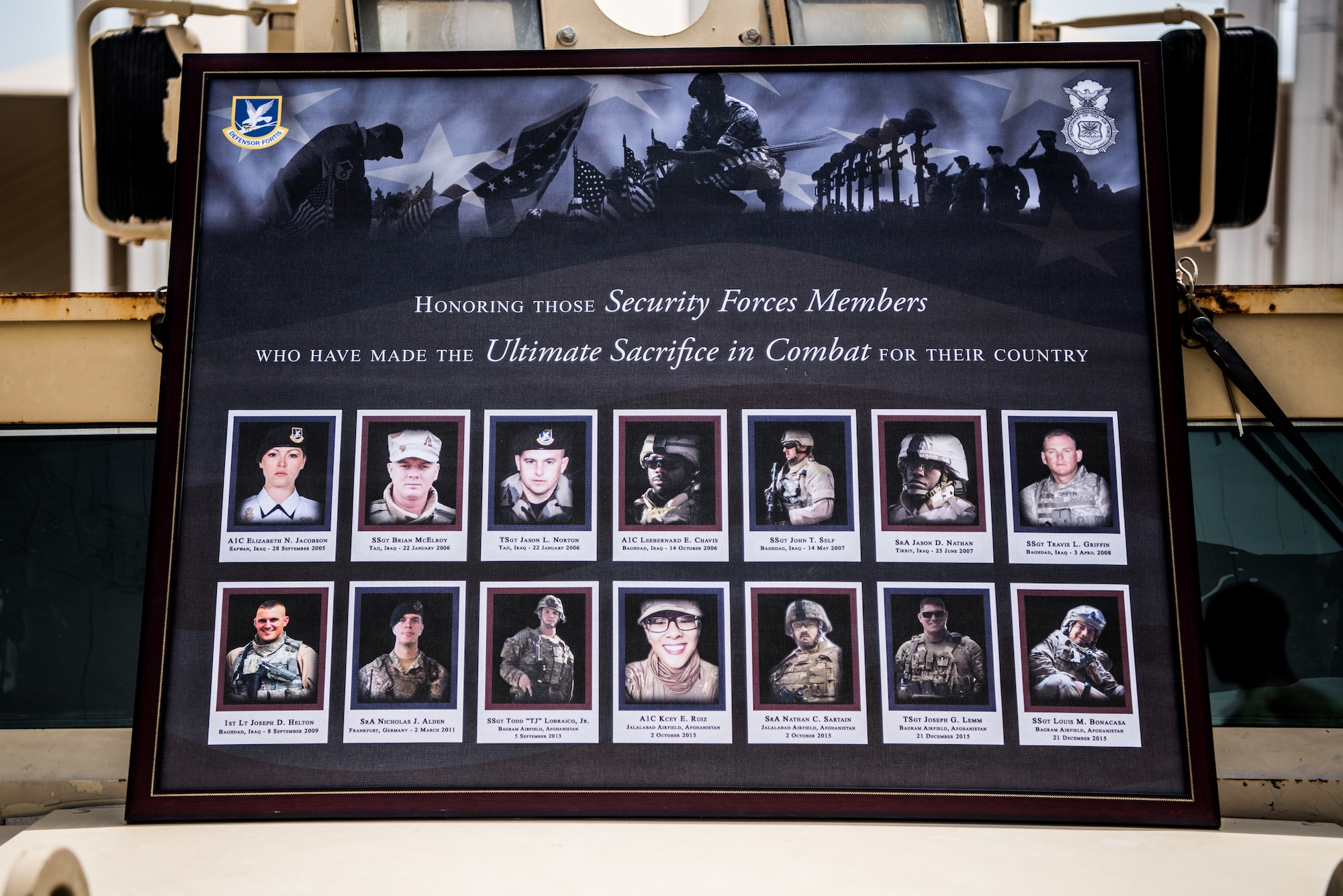 Airmen from the 379th Expeditionary Security Forces Squadron take time to remember the sacrifices of fallen security forces members during a fallen defender memorial ceremony at Al Udeid Air Base, Qatar, May 18, 2018. The ceremony, taking place during National Police Week 2018, was one of the week’s many events in addition to a 24-hour remembrance walk, a law enforcement tactics demonstration, a military working dog competition and a 5K ruck. (U.S. Air Force Photo by Staff Sgt. Joshua Horton)