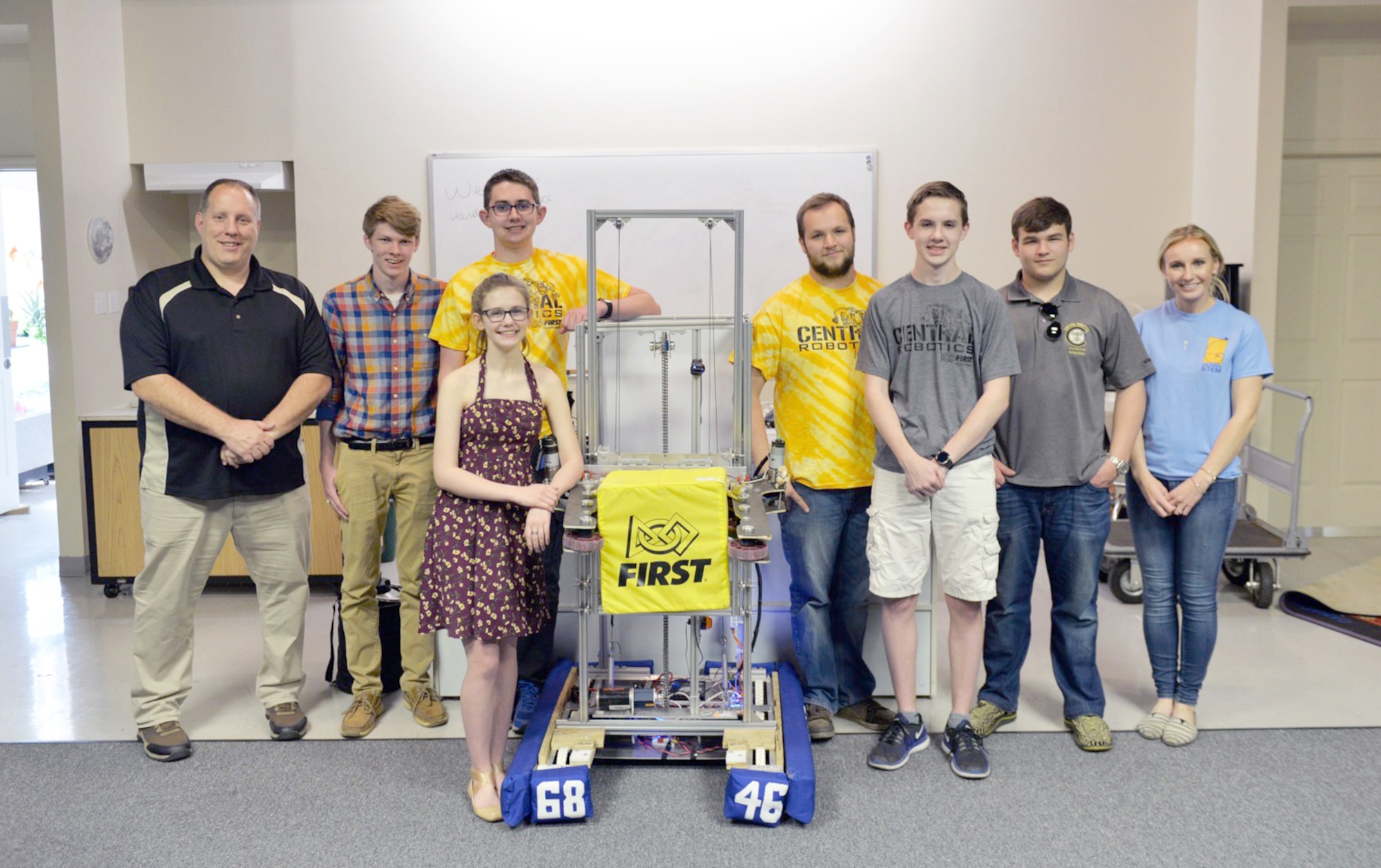 The Central Magnet Robotics team, with Central Magnet School in Murfreesboro, stopped in at the Hands-On Science Center (HOSC) in Tullahoma May 1 to provide a demonstration of their robot’s capabilities for Air Force STEM director Olga Oakley. Pictured left to right: Marc Guthrie, Drew Dove, Ethan Davenport, Maddy Perrien, Aidan Gibson, David Schafer, Jimmy Jones and Olga Oakley. (U.S. Air Force photo/Christopher Warner)