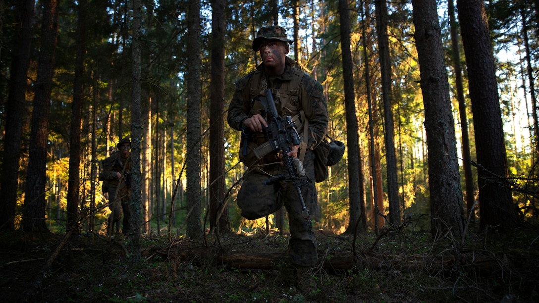 Marines and Sailors with Marine Rotational Force-Europe 18.1 advance to their assault position during a platoon counter-attack during Exercise Hedgehog at Tsooru, Estonia, May 9, 2018. Hedgehog is an annual event designed to strengthen strategic cooperation and partnership among participants. This is the first time the Marine Corps has participated in the exercise, which involved more than 18,000 service members from several NATO countries.