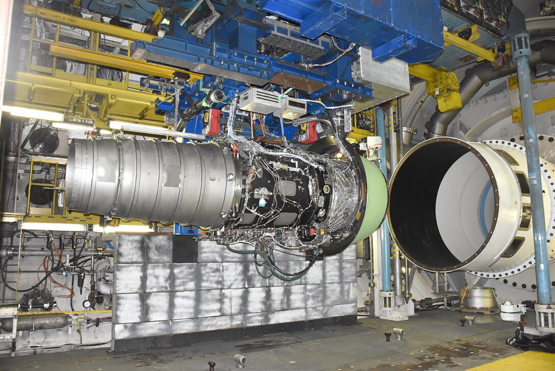 The Rolls-Royce engine is set up here in free-jet mode inside the AEDC C-2 test cell at Arnold Air Force Base. Transonic speeds with large volumetric flow rates were recently achieved during free-jet testing of this high-bypass engine, setting a record for free-jet mode engine testing. (U.S. Air Force photo)