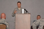 Col. Seth Frank talks with Air Force mission support group commanders and superintendents about protection services during the Air Force Installation and Mission Support Center Mission Support Leadership Summit May 14 in San Antonio. The summit provided a platform for support group commanders and senior enlisted superintendents to better understand the programs AFIMSC conducts to enable their missions