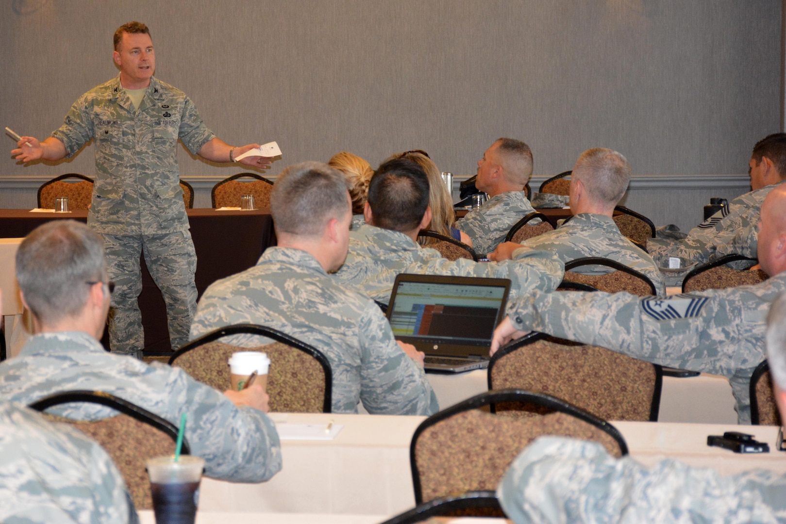 Col. Burke Beaumont talks with Air Force mission support group commanders and superintendents during a resource management panel discussion at the Air Force Installation and Mission Support Center Mission Support Leadership Summit May 16 in San Antonio. Nearly 200 military and civilian Airmen participated in briefings, panel discussions and networking sessions to gain in-depth insight about the more than 150 centralized capabilities the center executes for the Air Force.
