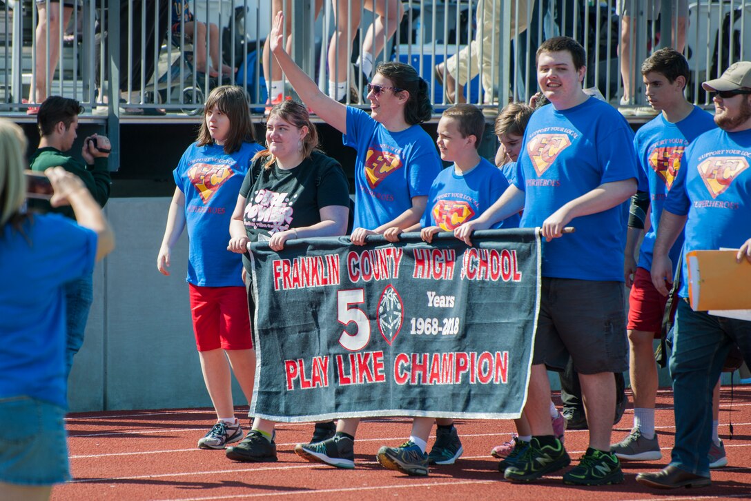 Franklin Co High School participants march in the procession before the games at the Area 13 Special Olympics on May 1 at the Tullahoma High School stadium. (U.S. Air Force photos/Jacqueline Cowan)