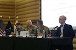 Senior military leaders speak on a panel about the National Guard's role in the U.S. military's cyber mission force May 16, 2018, as part of Cyber Shield 18, in Camp Atterbury, Ind., an exercise bringing together more than 800 soldiers, airmen, and civilians from 40 states and territories to test their skills in response to cyber-incidents. The panel included (from left to right) Maj. Gen. Stephen G. Fogarty, the commander of U.S. Army Cyber Command, Maj. Gen. James E. Taylor, the special assistant to the Director of the Army National Guard for Operations, Plans, and Strategy, Brig. Gen. Neil S. Hersey, the Commandant of the U. S. Army Cyber School, and Dr. Russell Glen, the director of plans and policy G-2 at U.S. Army Training and Doctrine Command.