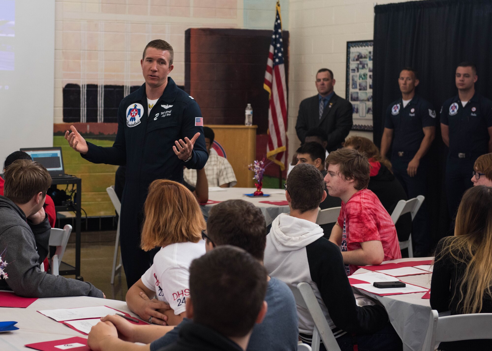 U.S. Air Force Capt. Will Graeff, Thunderbirds number 2 jet pilot, speaks with students of Denbigh High School Aviation Academy during career week at Newport News, Virginia, May 18, 2018.
