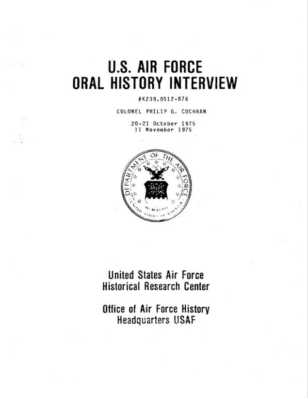 Cover of the 400-plus page formal transcript of Col. Philip Cochran's interview.