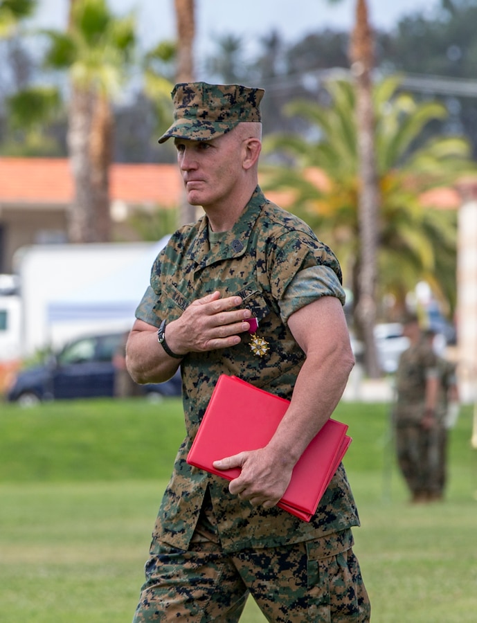 Sgt. Maj. Bradley Kasal, the outgoing I Marine Expeditionary Force sergeant major, was awarded the Legion of Merit award during a relief and appointment ceremony on Camp Pendleton, Calif., May 18, 2018. Sgt. Maj. James Porterfield replaced Kasal as I MEF sergeant major. Kasal has served as I MEF sergeant major since 2015 and is retiring from the Marine Corps after 34 years of service. (U.S. Marine Corps photo by Lance Cpl. Clare Mcintire)