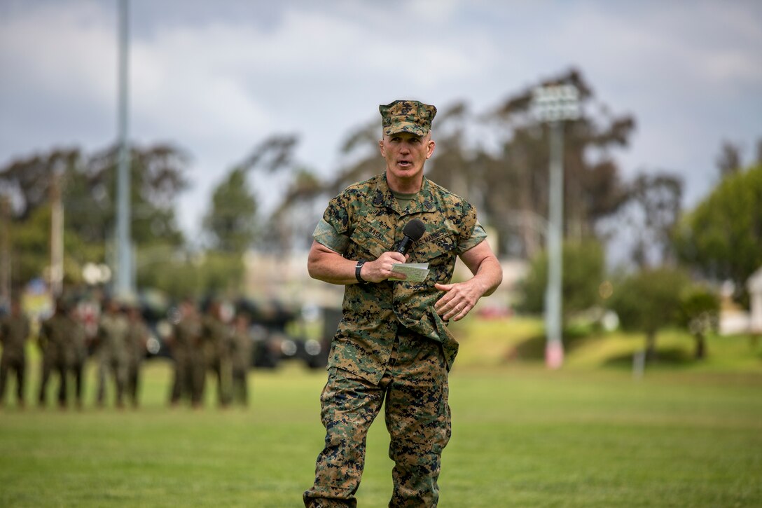 Sgt. Maj. Bradley Kasal, the outgoing I Marine Expeditionary Force sergeant major, gives remarks during a relief and appointment ceremony on Camp Pendleton, Calif., May 18, 2018. Sgt. Maj James Porterfield replaced Kasal as I MEF sergeant major. Kasal has served as I MEF sergeant major since 2015 and is retiring from the Marine Corps after 34 years of service. (U.S. Marine Corps photo by Cpl. Jacob Farbo)