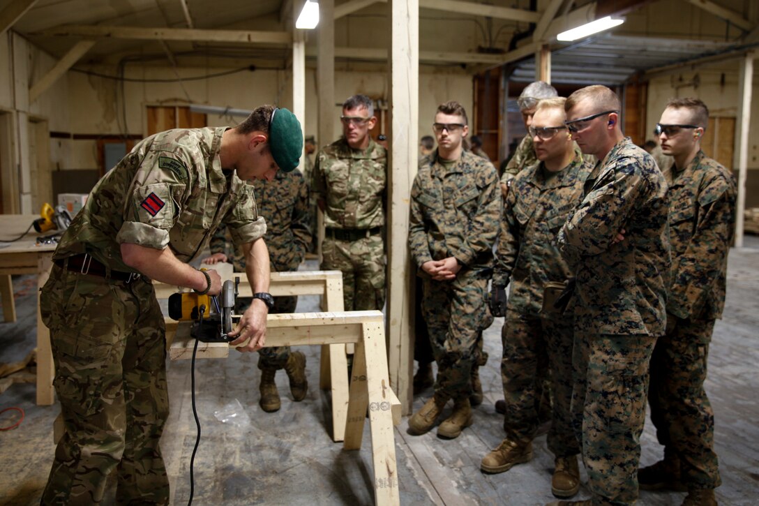 British Army Spr. Mark R. Maton, commando with 131 Commando Squadron Royal Engineers, British Army, teaches Marines with 6th Engineer Support Battalion, 4th Marine Logistics Group, and British commando’s with 131 Commando Squadron RE, British Army, how to use a circular saw power tool at a construction site during exercise Red Dagger at Fort Indiantown Gap, Pa., May 19, 2018.