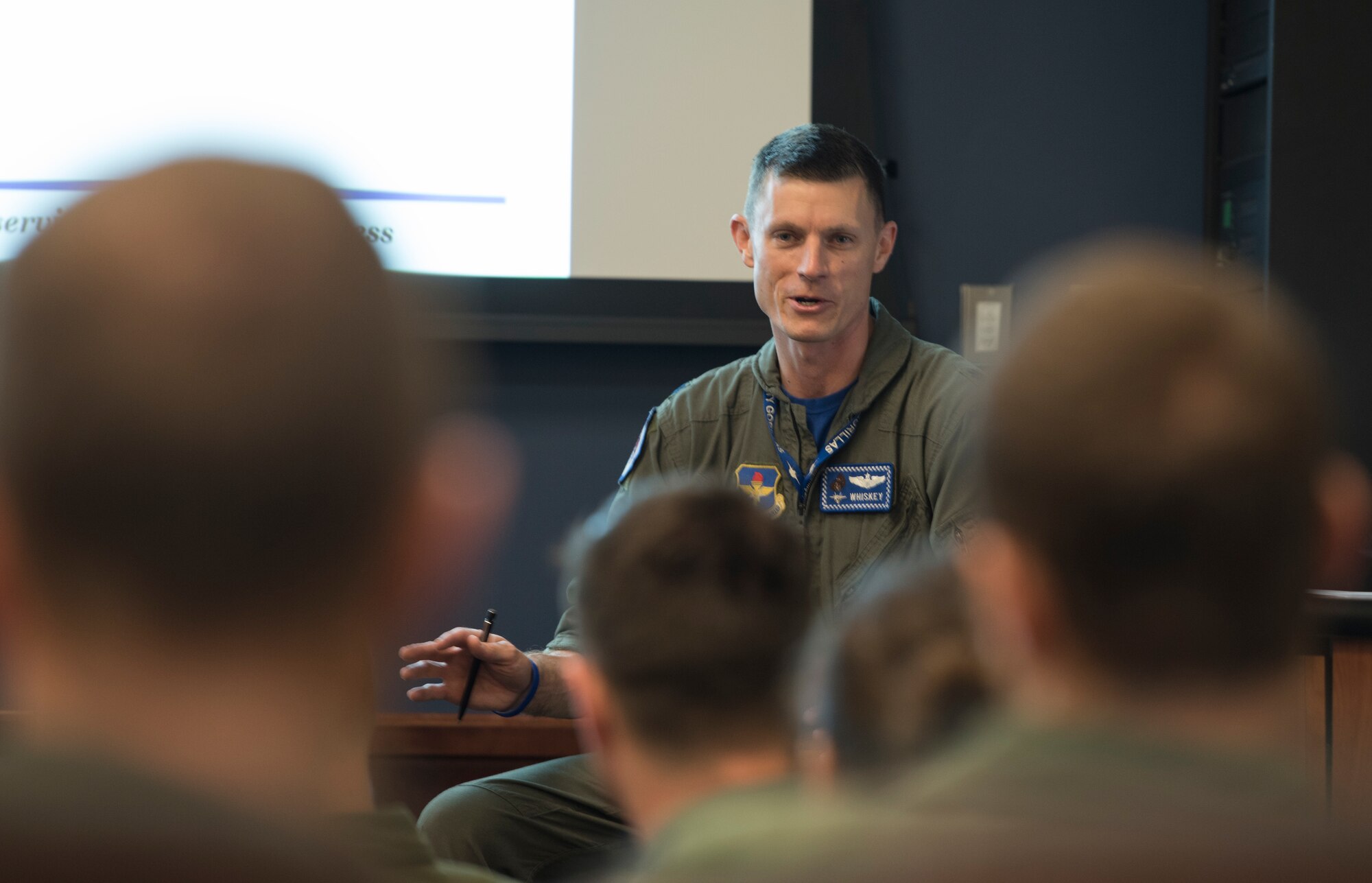 U.S. Air Force Lt. Col. Jon Snyder, 58th Fighter Squadron commander, speaks to members of the 58 FS during the Operational Safety Review May 18, 2019, at Eglin Air Force Base, Fla. Air Force Chief of Staff Gen. David Goldfein directed wing commanders to conduct the Operational Safety Review to identify trends, access planning processes and ensure decisions regarding acceptable risks are being made at the appropriate level. (U.S. Air Force photo by Staff Sgt. Peter Thompson)