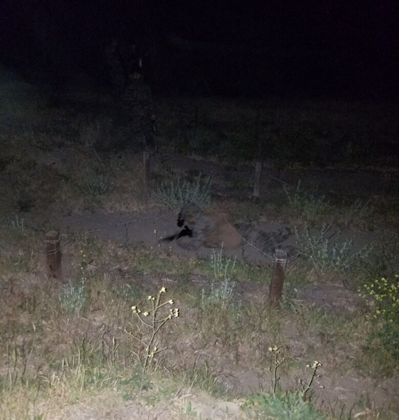 Marine of Transmissions Platoon, Company A negotiates an obstacle while training at night.