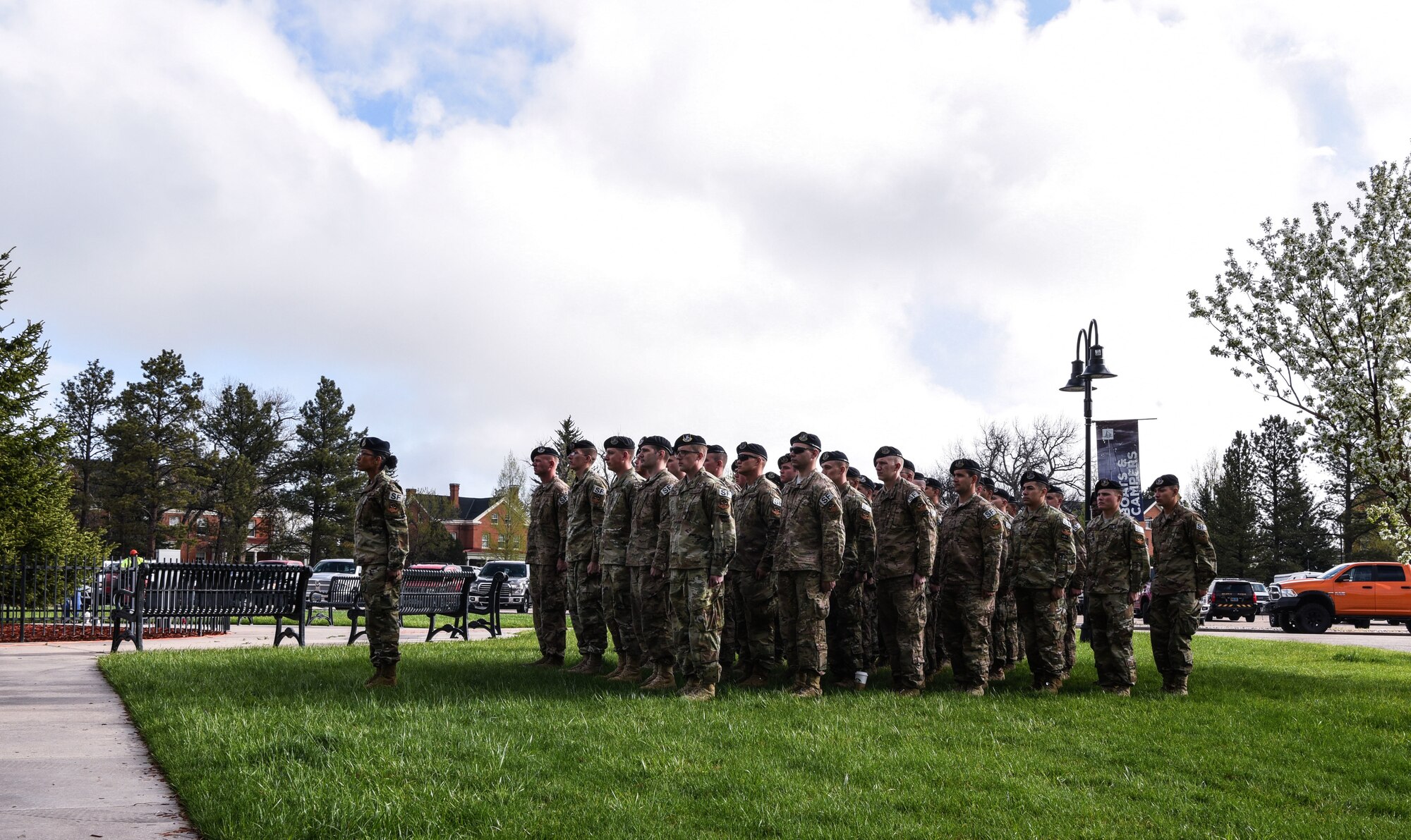 90th Security Forces Group Defenders stand in formation during the opening remarks for Police Week, May 14, 2018, on F.E. Warren Air Force Base, Wyo. In 1962, President John F. Kennedy signed a proclamation which designated May 15 as Peace Officers Memorial Day and the week in which that date falls as Police Week. People all across the United States participate in various events which honor those who have paid the ultimate sacrifice. (U.S. Air Force photo by Airman 1st Class Braydon Williams)